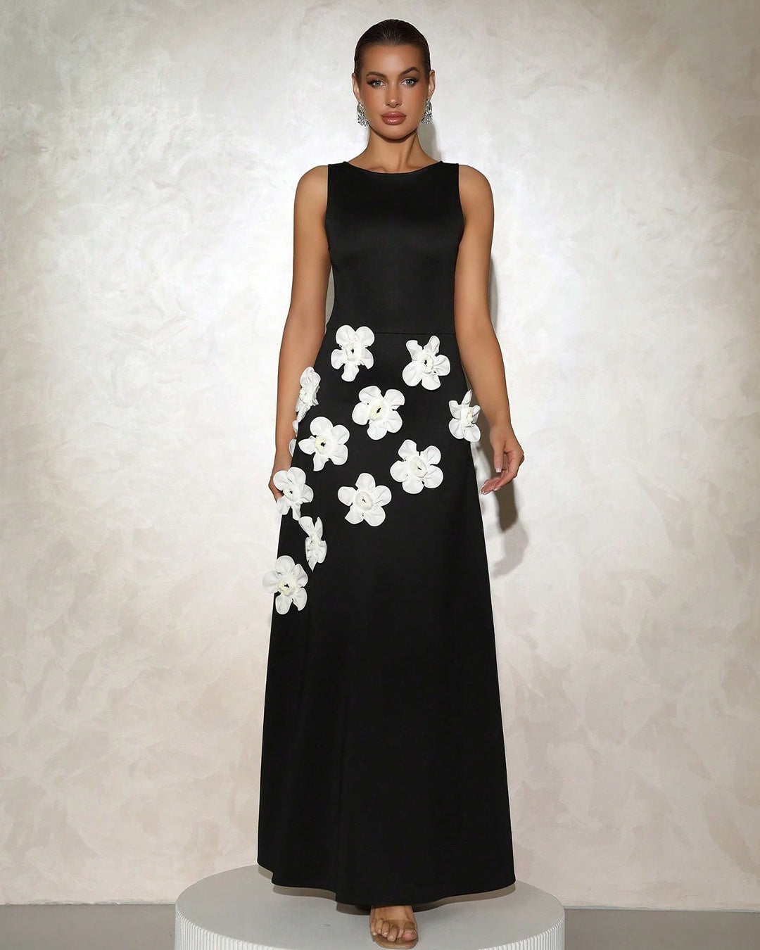 Elegant Floral Appliqué Maxi Gown