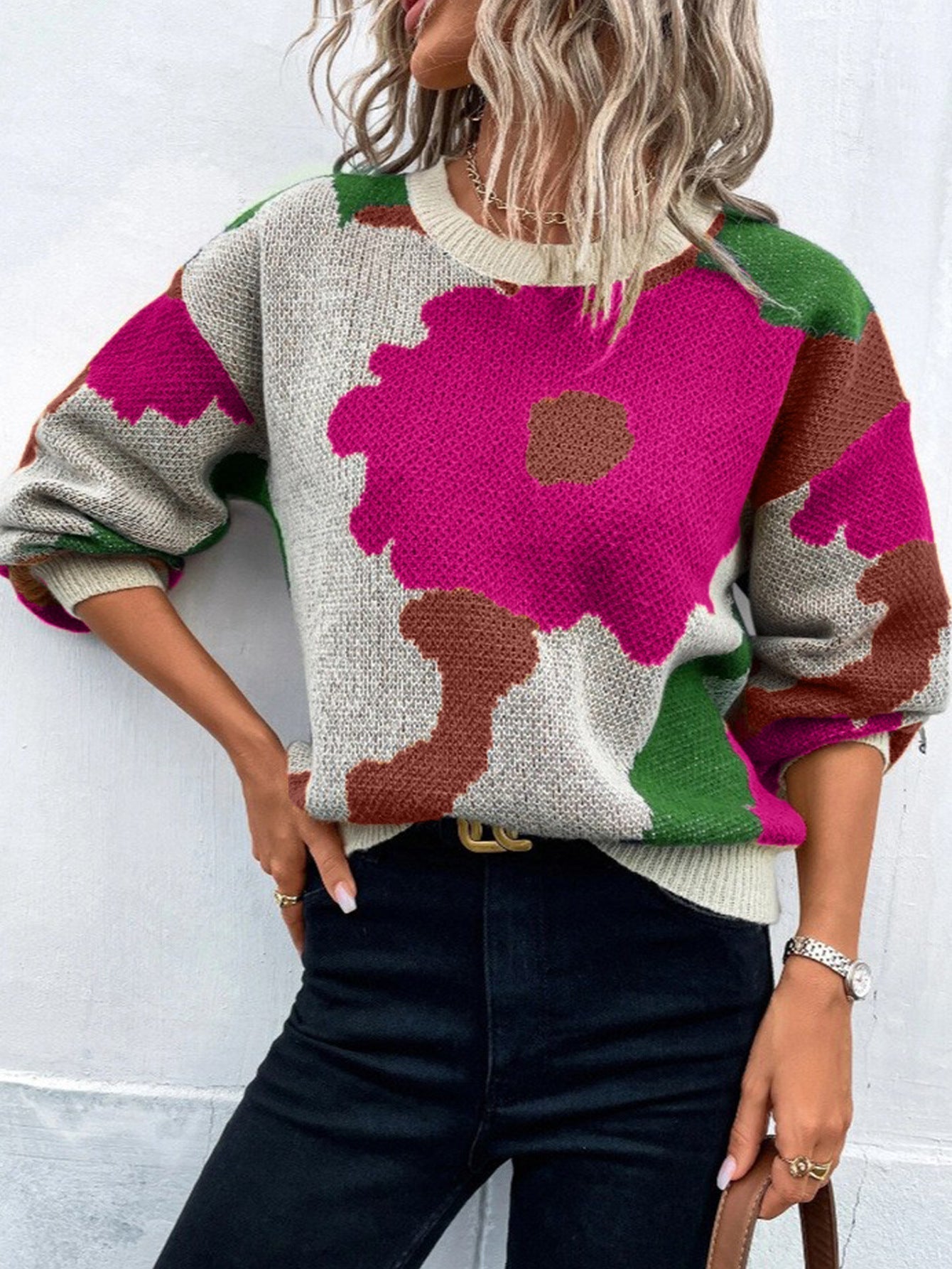 Women's Patterned Knit Sweater Round Neck Balloon Sleeves - Fashinoza