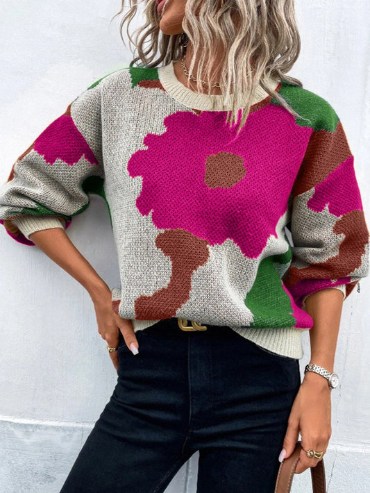 Women's Patterned Knit Sweater Round Neck Balloon Sleeves - Fashinoza