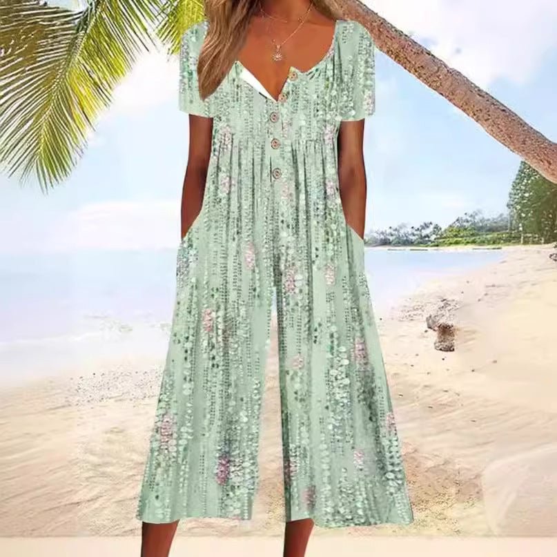Women's Leaf Print Jumpsuit V-Neck Short Sleeve Wide Leg
