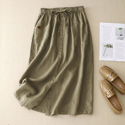 Women's Linen Midi Skirt Button Front Pockets Beige - 
Fashinoza