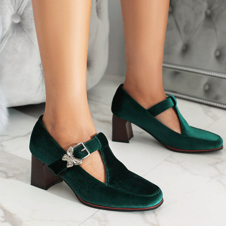 Women's Suede Ankle Strap Block Heels - 
Fashinoza