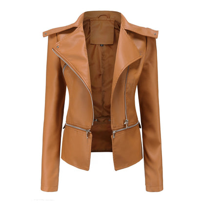 Women's Leather Motorcycle Jacket Zippered Black - Fashinoza