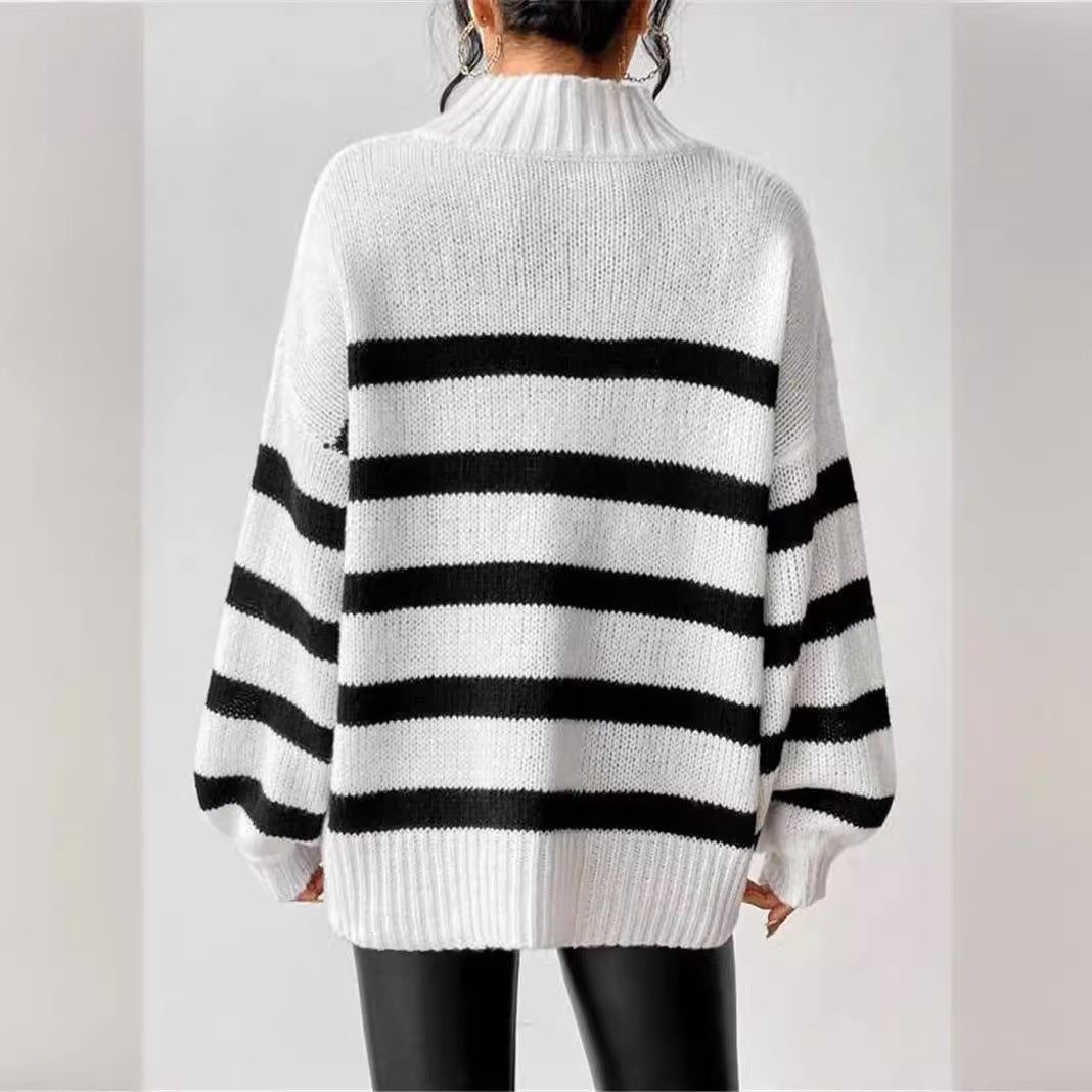 Women's Striped Sweater Ribbed Collar