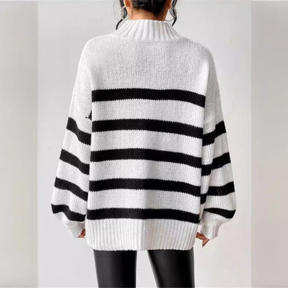 Women's Striped Sweater Ribbed Collar