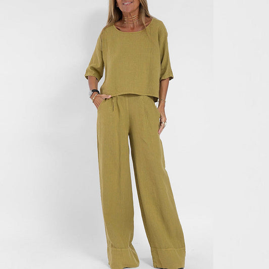 Women's Short Sleeve And Wide Leg Pants Set - 
Fashinoza