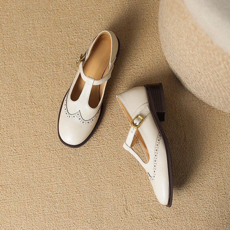 Women's Leather Mary Jane Shoes Low Block Heel