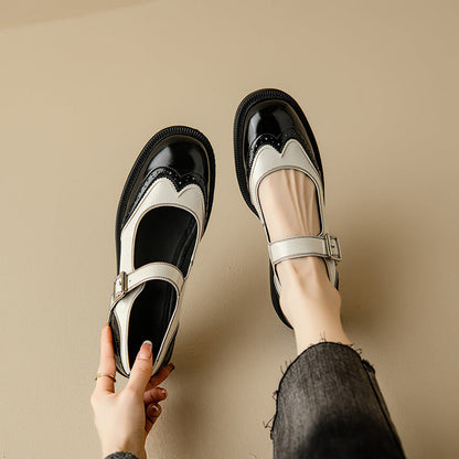 Women's Leather Mary Jane Shoes Low Heel Two-Tone