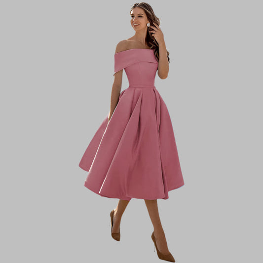 Women's Off Shoulder Satin Prom Dress - Fashinoza
