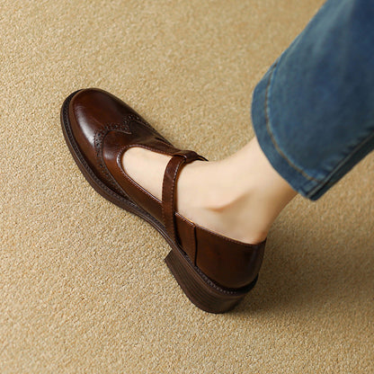 Women's Leather Mary Jane Shoes Low Block Heel