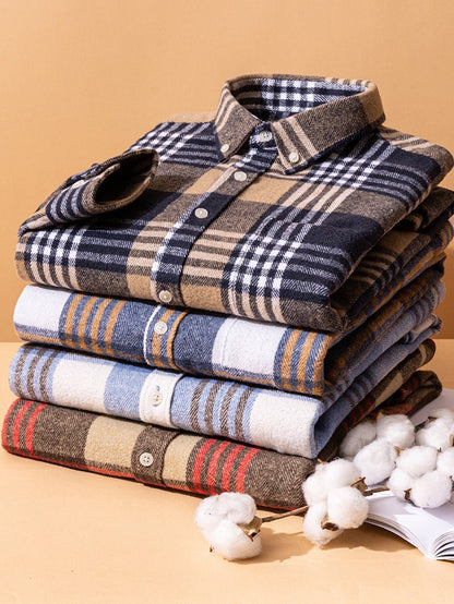 Men's Plaid Button Shirt Pointed Collar Chest Pocket