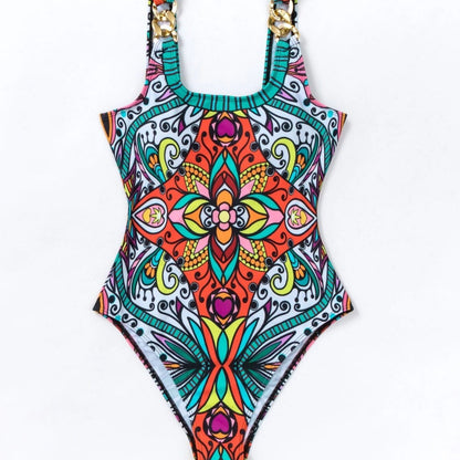 Women's Printed Swimsuit One-Piece Gold Tone Ring Strap