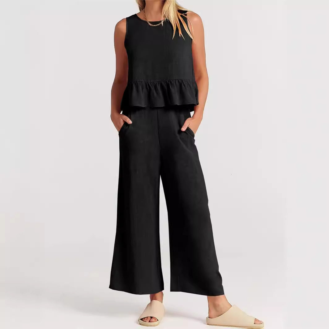 Women's Linen Peplum And Wide Leg Pants Set