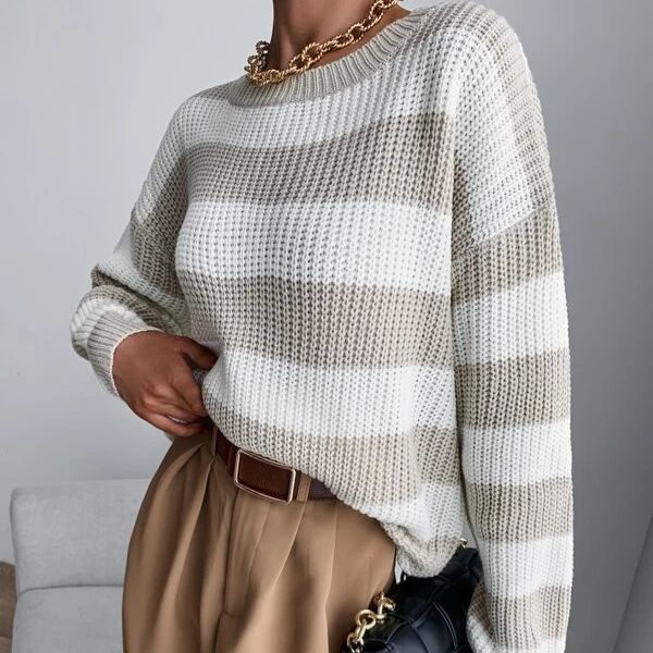 Relaxed Fit Striped Crewneck Sweater for Women – Cozy Casual Comfort Caliboot