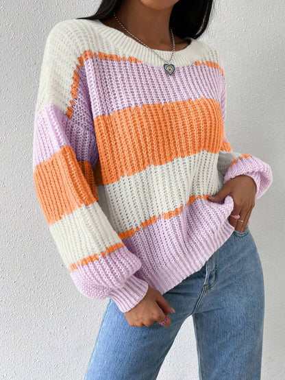 Women's Crew Neck Striped Sweater Long Sleeves Cozy