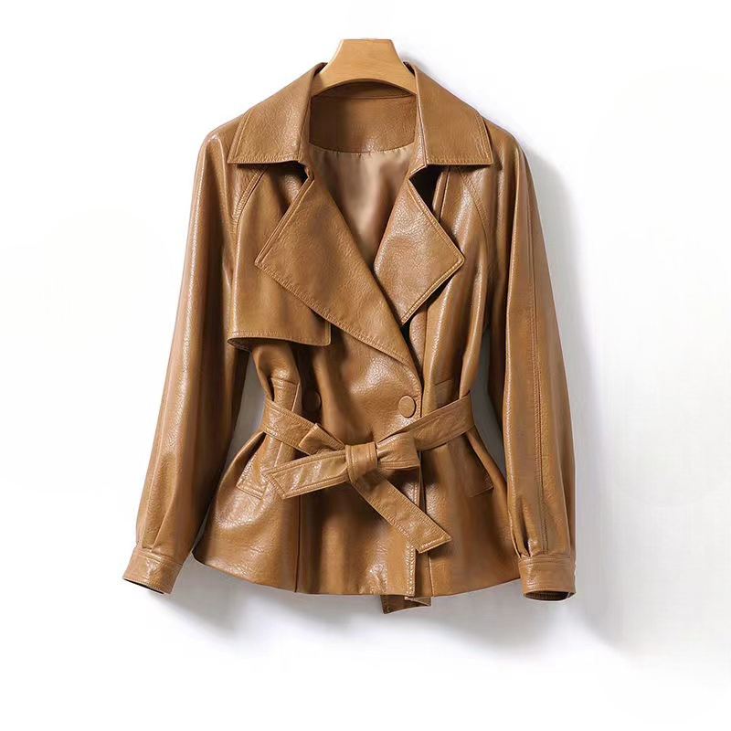 Women's Leather Jacket Belted - 
Fashinoza