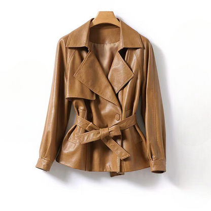 Women's Leather Jacket Belted - 
Fashinoza
