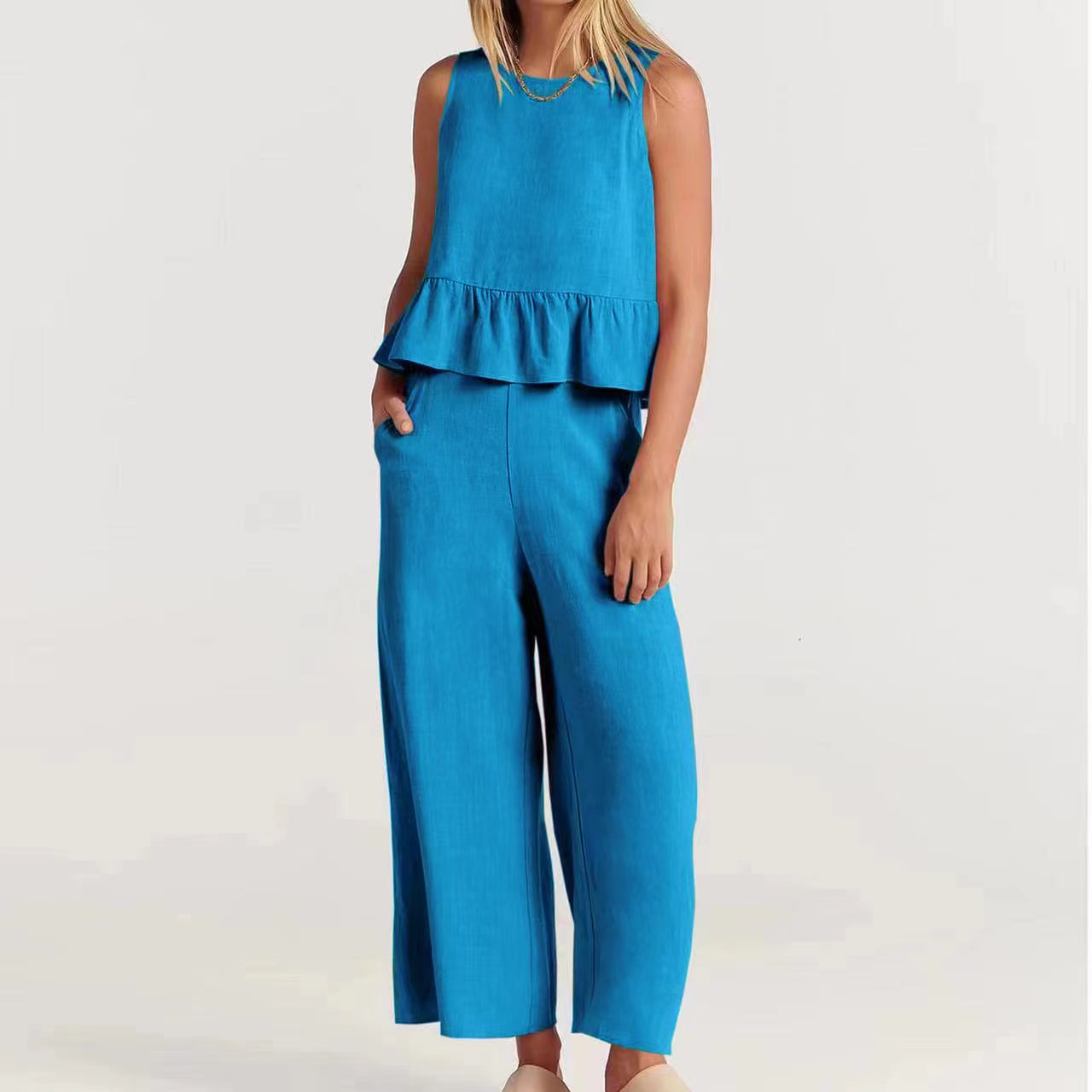Women's Linen Peplum And Wide Leg Pants Set