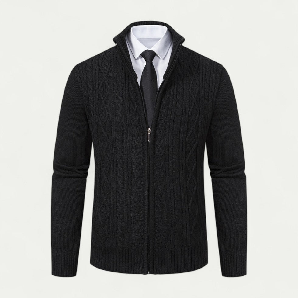 Men's Cable-Knit Zip-Up Cardigan Ribbed Hem
