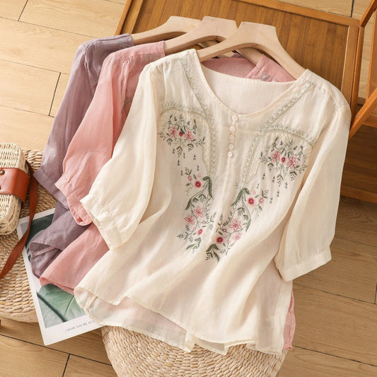 Women's Embroidered Blouse Floral Detail - Fashinoza