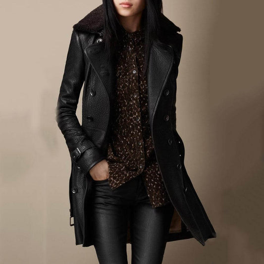 Women's Leather Trench Coat Shearling Collar - Fashinoza