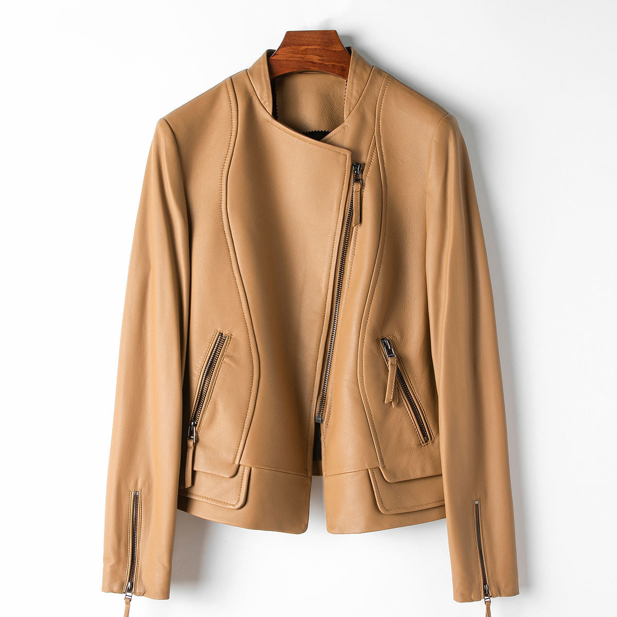 Women's Leather Jacket Long Sleeve Black - Fashinoza