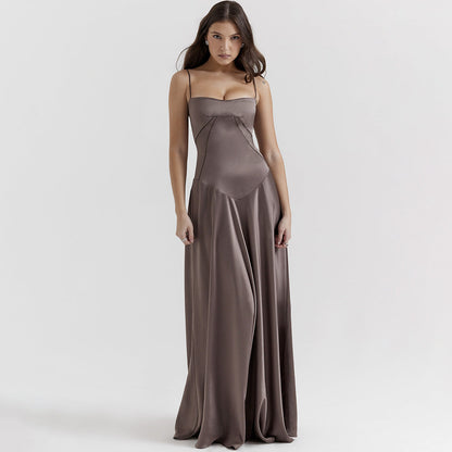 Women's Elegant Maxi Dress Silky Slim Fit Spaghetti Straps - 
Fashinoza