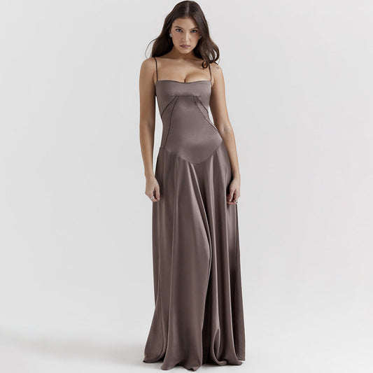 Women's Elegant Maxi Dress Silky Slim Fit Spaghetti Straps - 
Fashinoza