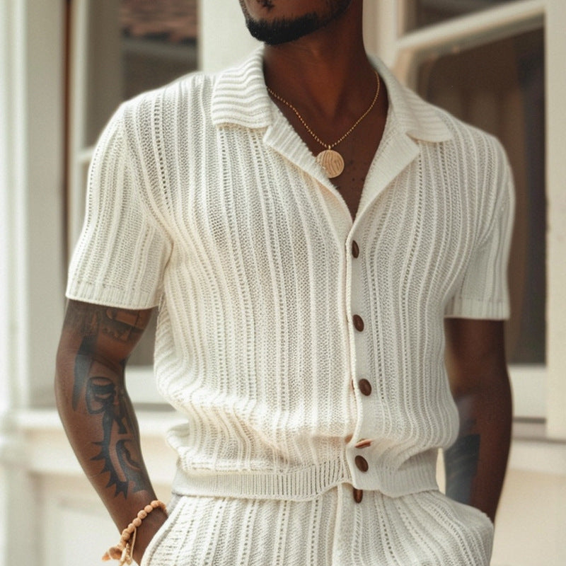 Men's Breathable Knit Shirt And Shorts Set Slim Fit Ribbed Texture