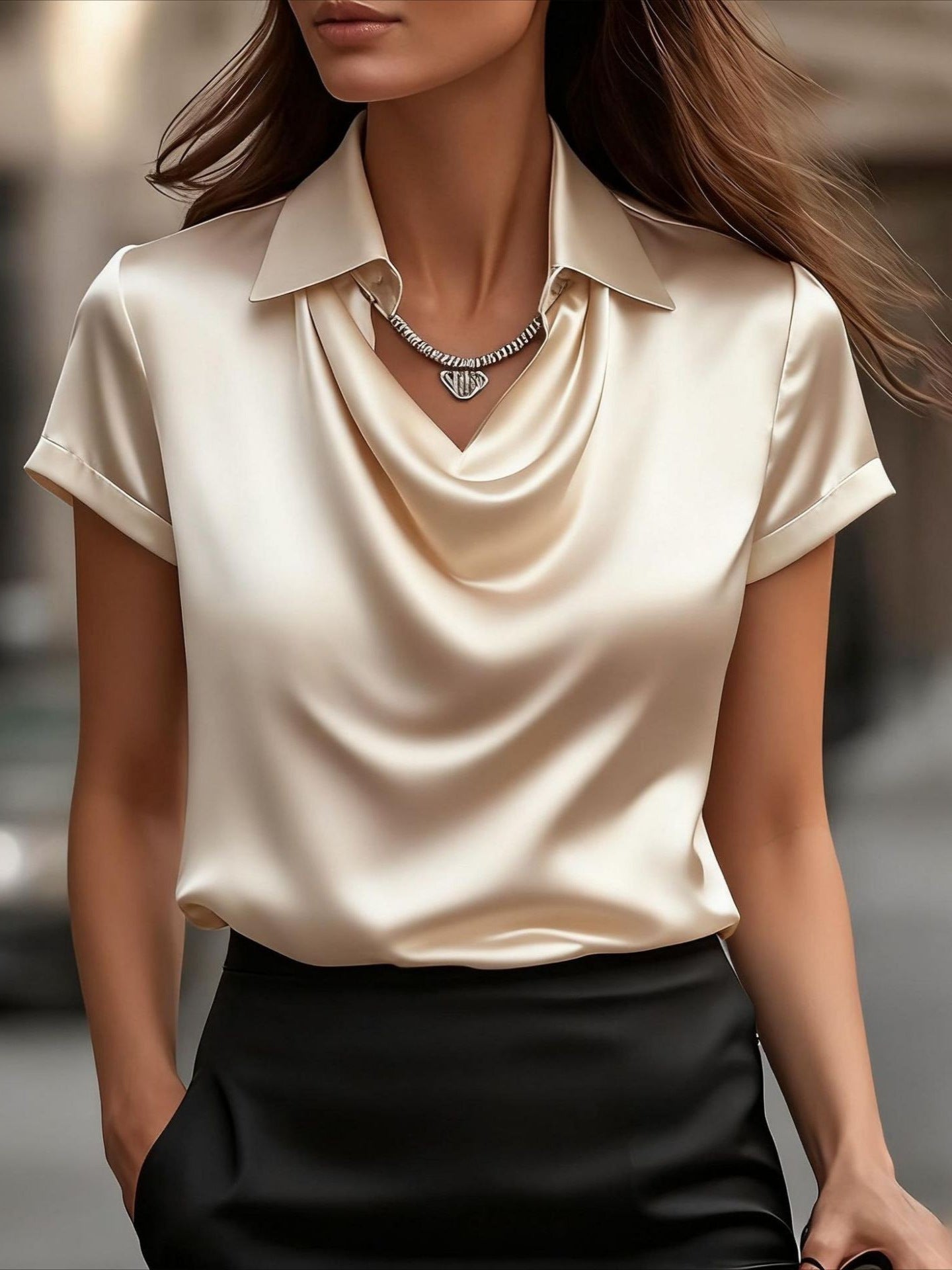 Women's Satin Blouse Cowl Neck Cuffed Sleeves - 
Fashinoza