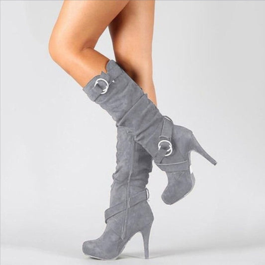 Women's Knee High Stiletto Boots Buckle Strap - Fashinoza