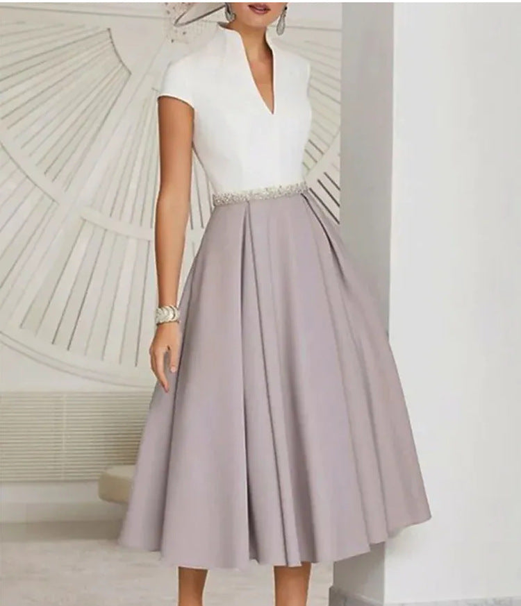 Women's V-Neck Flared Summer Dress White