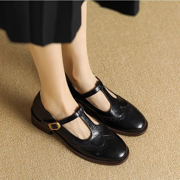 Women's Leather Mary Jane Shoes Low Block Heel