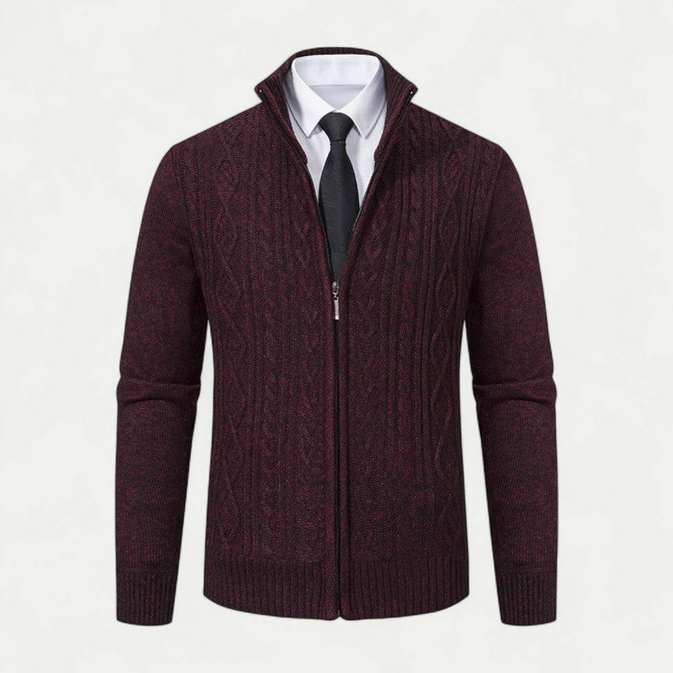 Men's Cable-Knit Zip-Up Cardigan Ribbed Hem