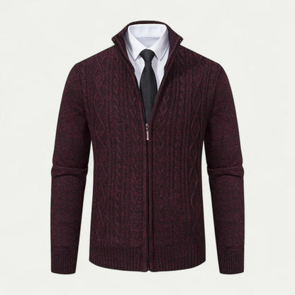 Men's Cable-Knit Zip-Up Cardigan Ribbed Hem