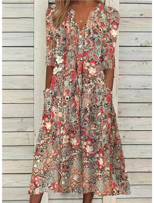 Women's Printed V-Neck Midi Dress - Fashinoza