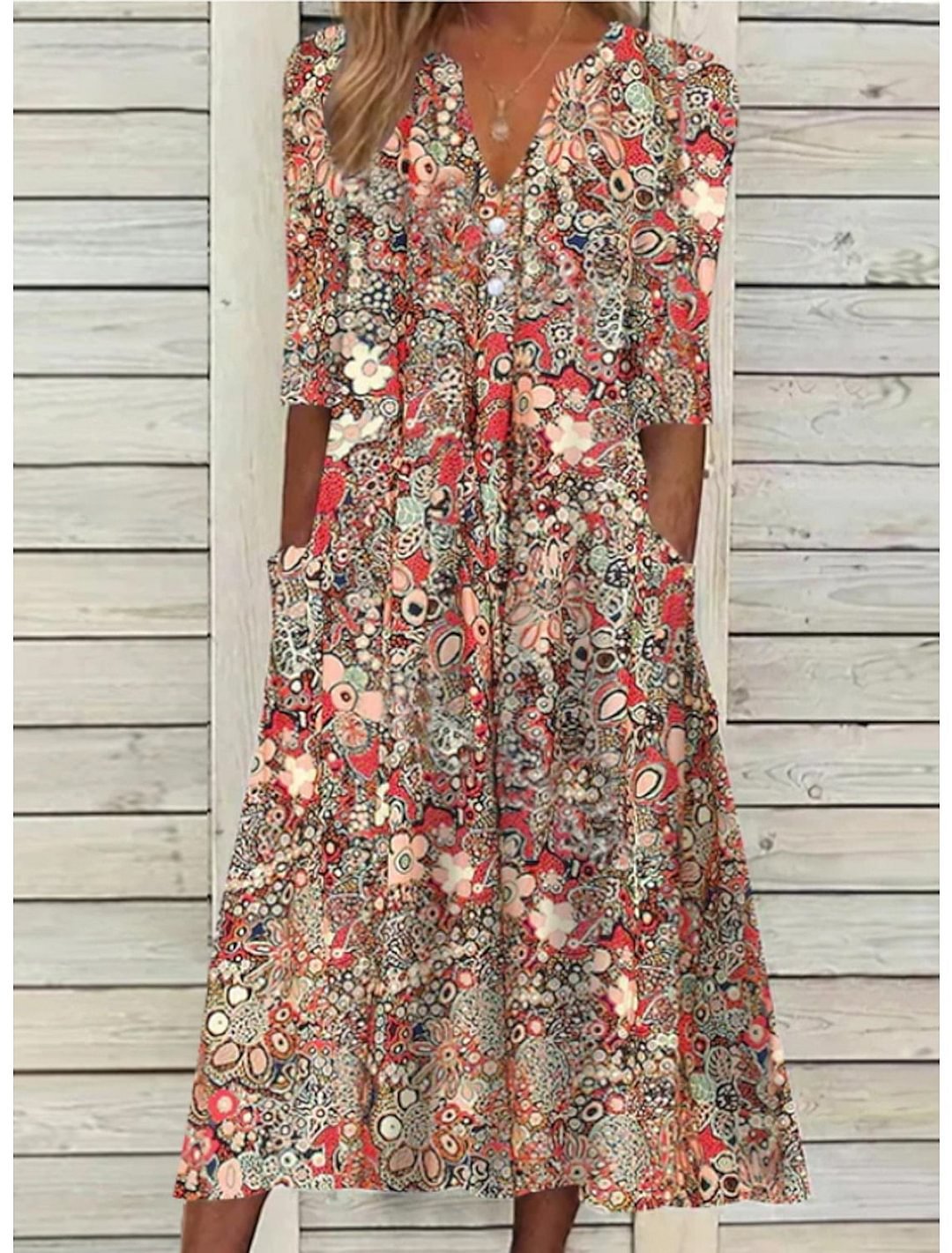 Women's Floral Print Dress With Pockets - Fashinoza