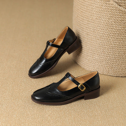Women's Leather Mary Jane Shoes Low Block Heel