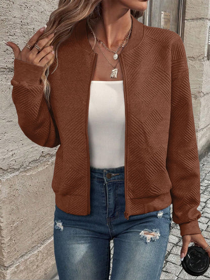 Women's Zip-Up Cardigan Textured Ribbed Hem Long Sleeves