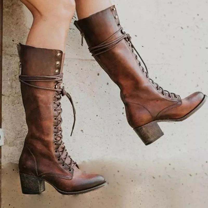 Chloe | Women’s Lace-Up Knee-High Boots with Block Heel