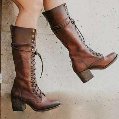 Women's Knee High Boots Chunky Heel Lace Up Brown