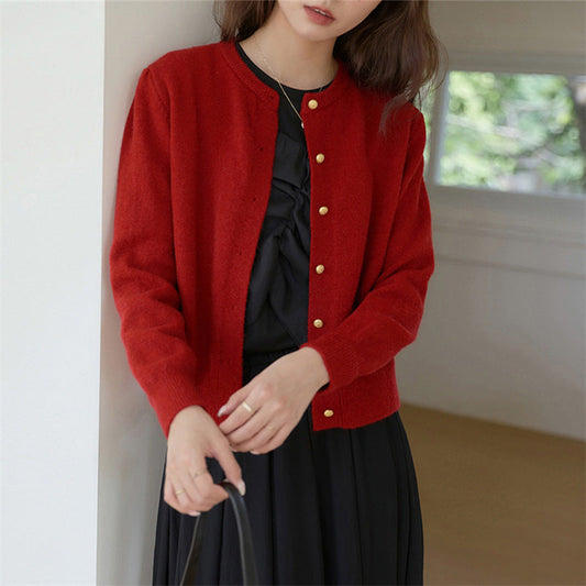 Women's Knitted Cardigan Retro Round Neck Small Gold Button - Fashinoza