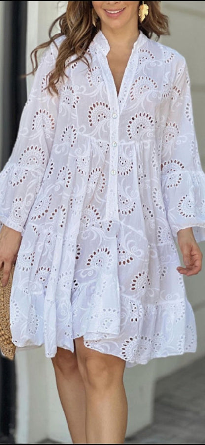 Women's Eyelet Mini Dress Bell Sleeves