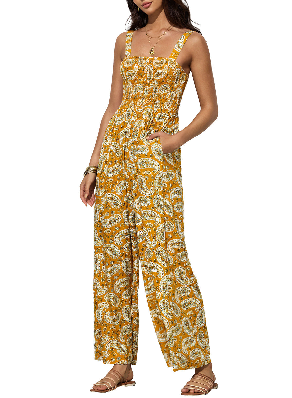 Women's Smocked Jumpsuit Wide Leg Side Pockets
