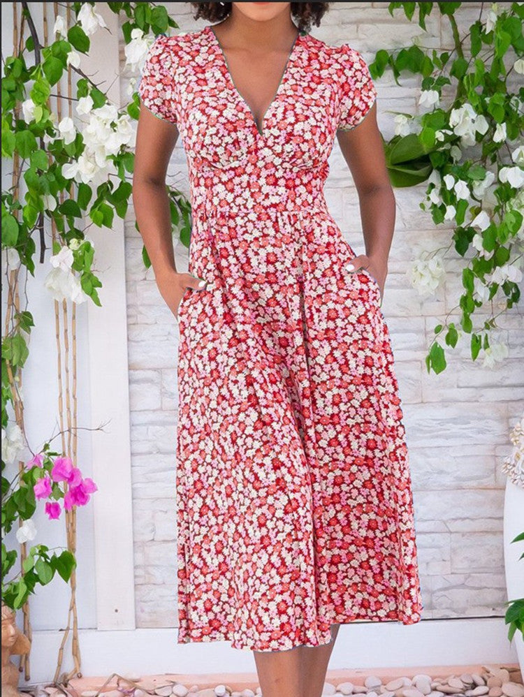 Women's Midi Floral Summer Dress Flowing Design - Fashinoza