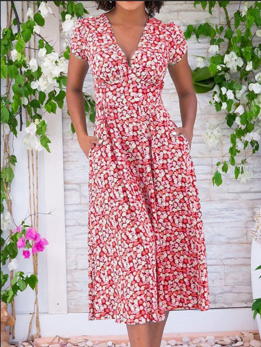 Women's Midi Floral Summer Dress Flowing Design - Fashinoza
