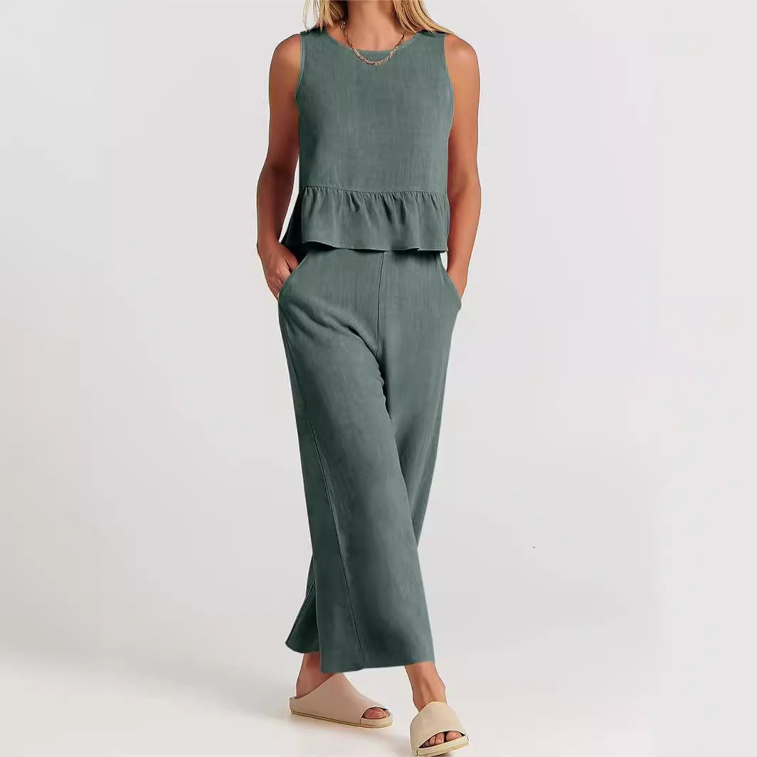 Women's Linen Peplum And Wide Leg Pants Set