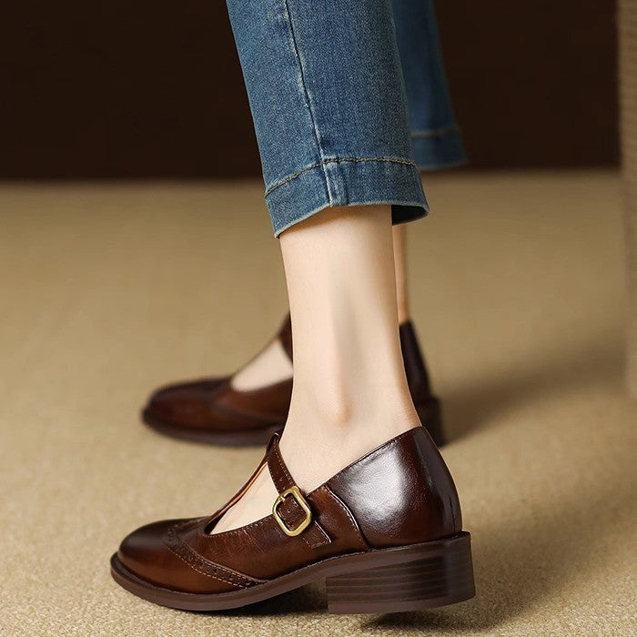 Women's Leather Mary Jane Shoes Low Block Heel