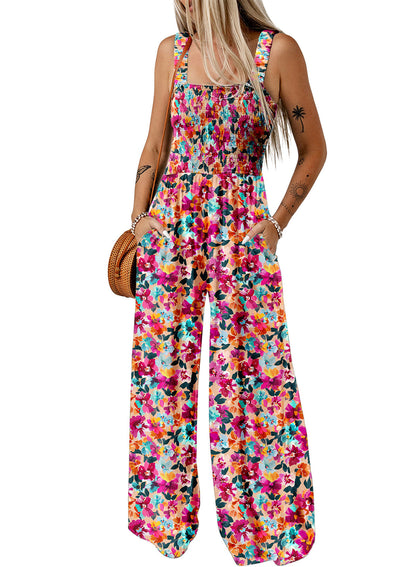 Women's Smocked Jumpsuit Wide Leg Side Pockets