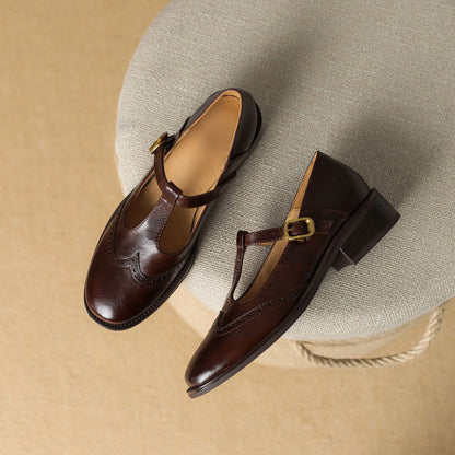 Women's Leather Mary Jane Shoes Low Block Heel